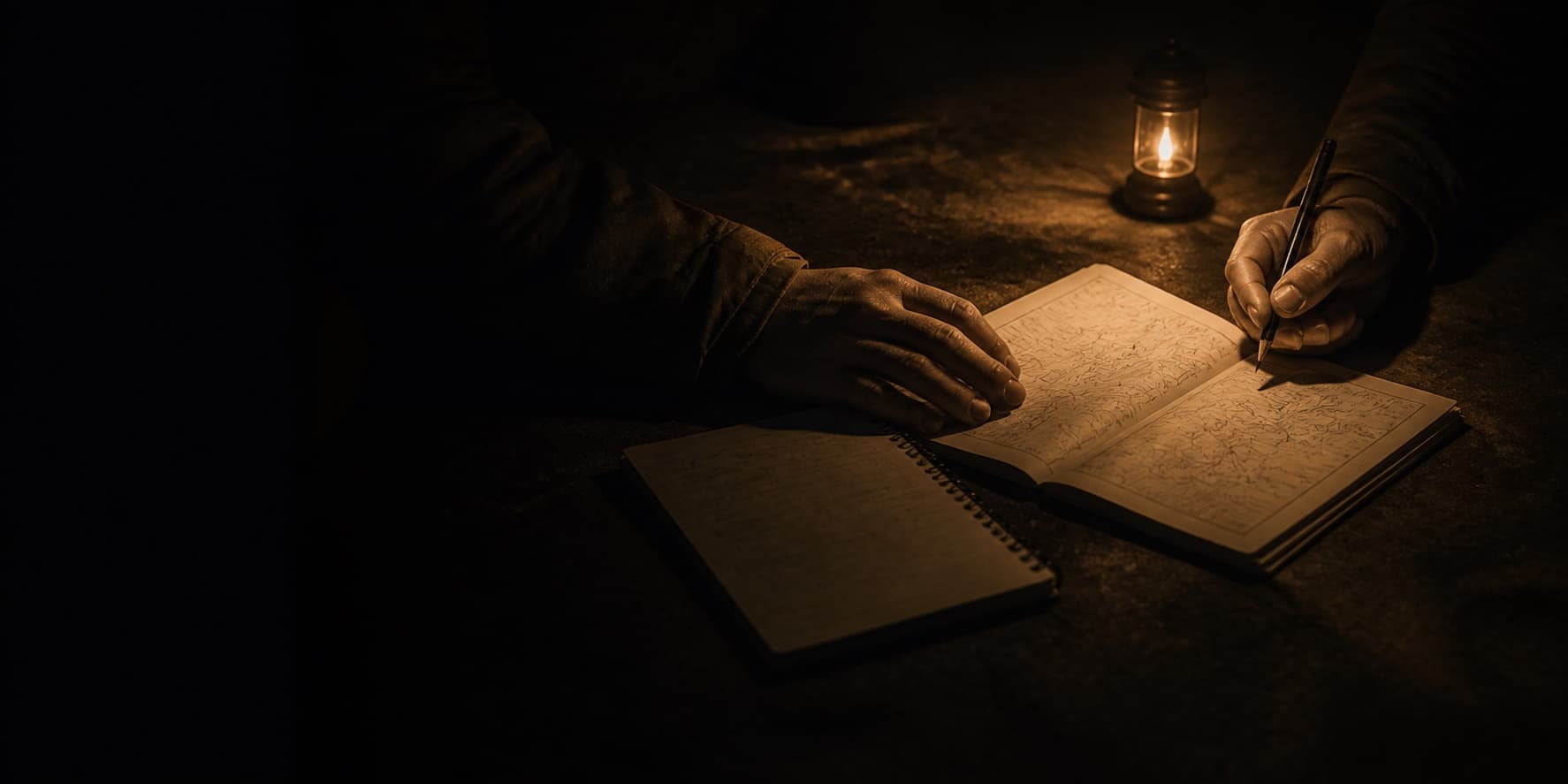 Two pairs of hands study field notes and a route map by lamplight.
