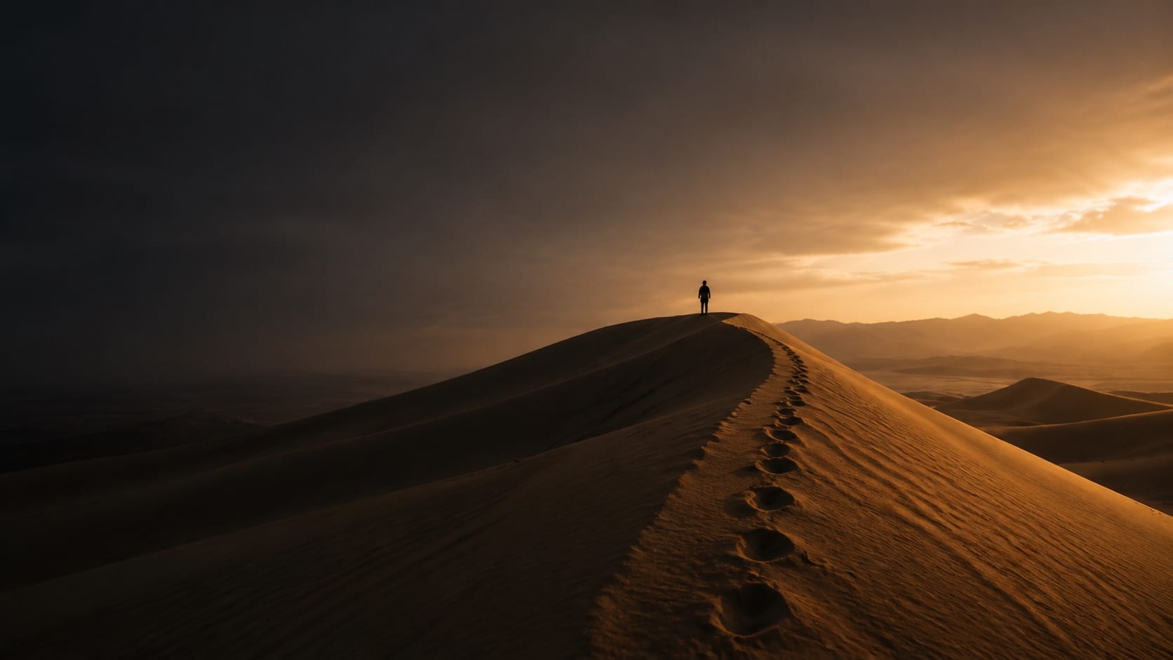A tiny anonymous figure stands on an immense dune ridge as footprints cross the foreground.
